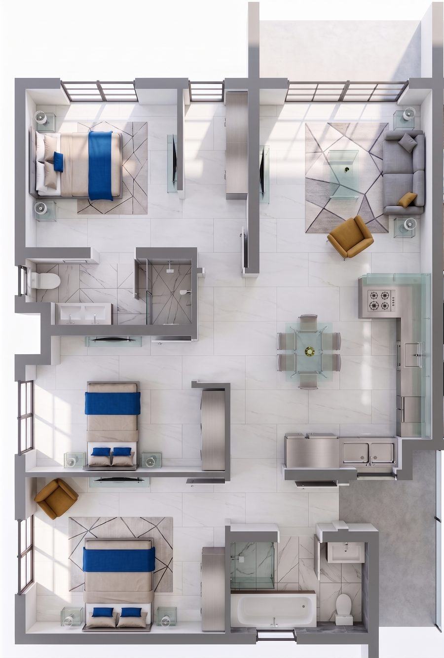 Type B three-bedroom apartment layout