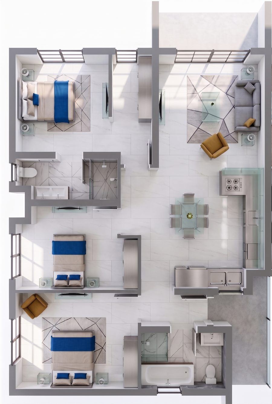 Type B three-bedroom apartment layout
